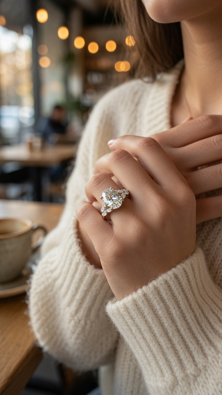 A close-up lifestyle shot of a woman wearing a sparkling silver-toned ring with clear stones on her finger, dressed in a cozy cream-colored knit sweater, set against a softly blurred cafe background.