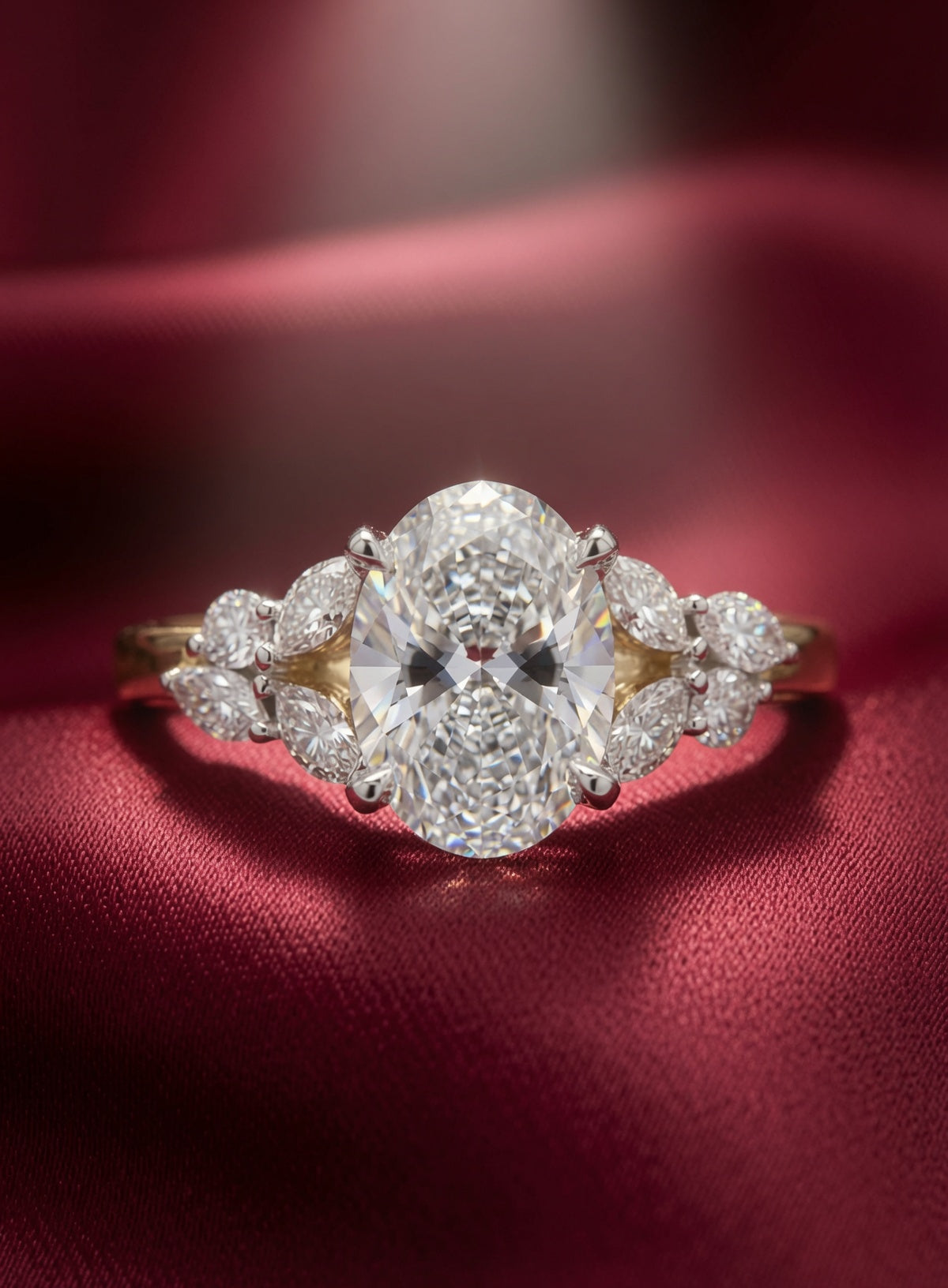 An oval-cut diamond engagement ring with a yellow gold band and diamond accents, displayed on a rich burgundy satin fabric background.